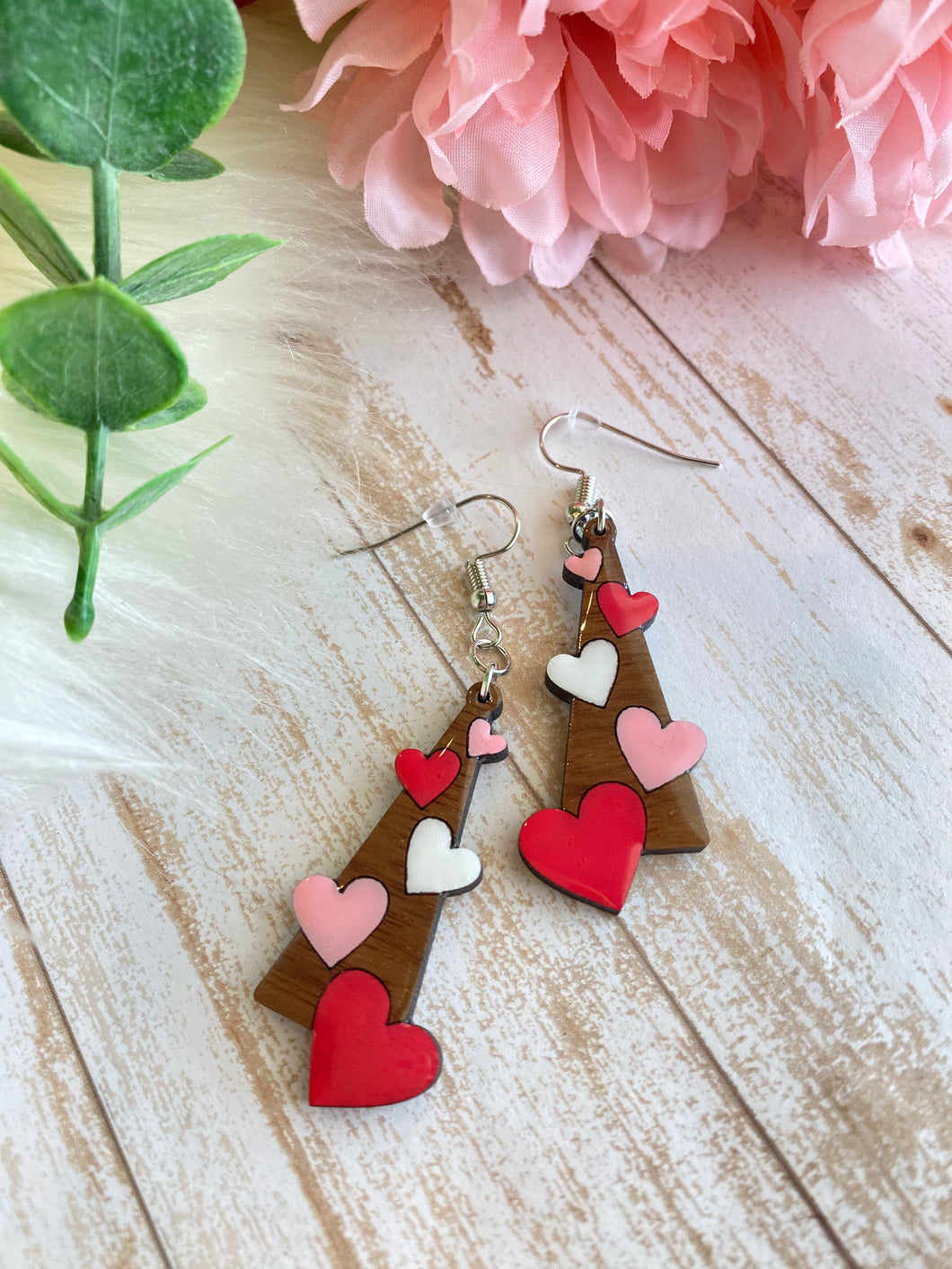 Painted walnut heart dangle earrings